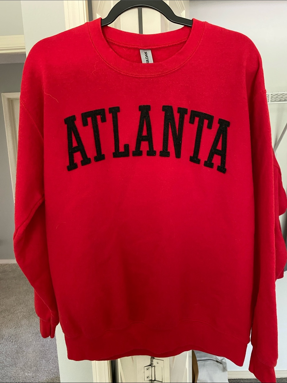 Gildan Red Crewneck Sweatshirt with Black 'ATLANTA' Applique